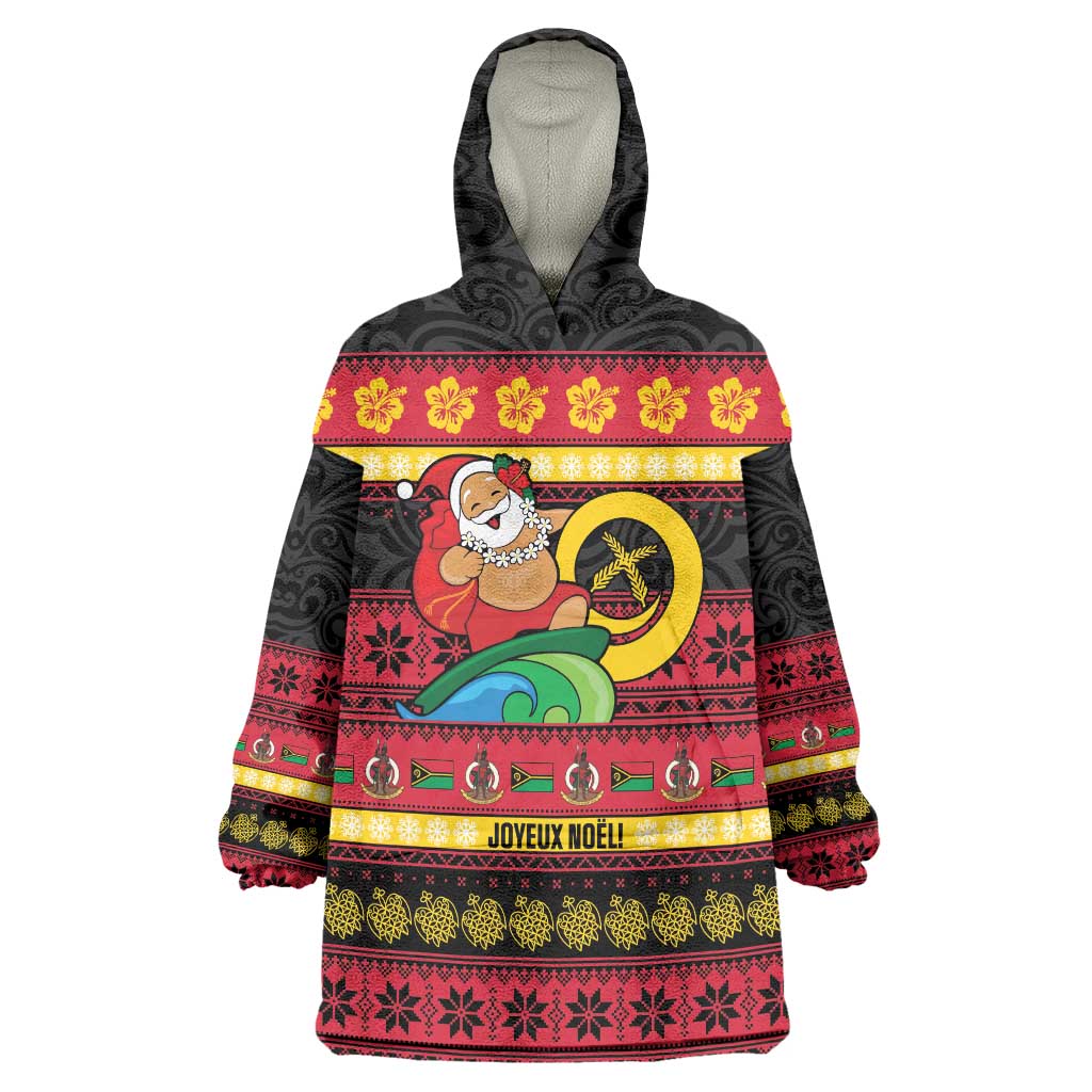 Vanuatu Christmas Wearable Blanket Hoodie Joyeux Noel Surfing Santa With Boar Tusk LT14 One Size Red - Polynesian Pride