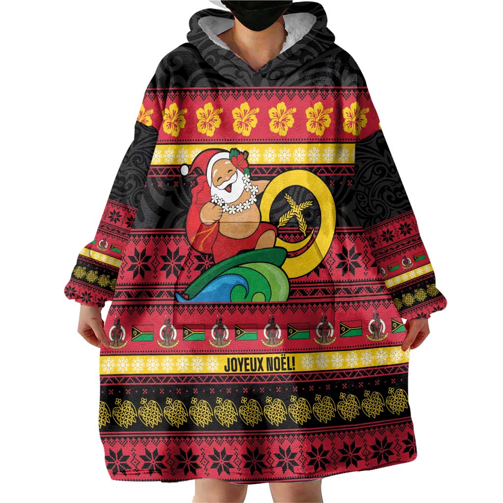 Vanuatu Christmas Wearable Blanket Hoodie Joyeux Noel Surfing Santa With Boar Tusk LT14 - Polynesian Pride