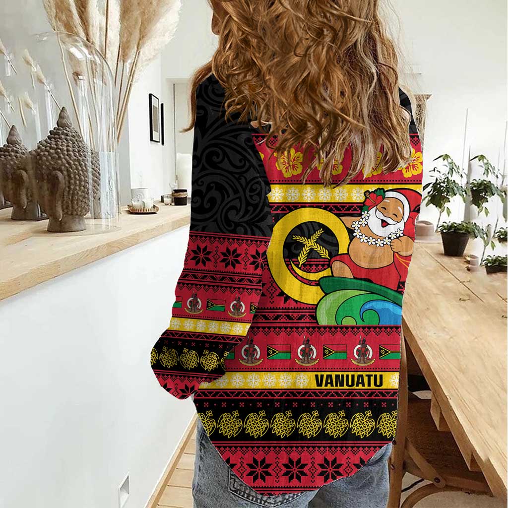 Vanuatu Christmas Women Casual Shirt Joyeux Noel Surfing Santa With Boar Tusk LT14 - Polynesian Pride