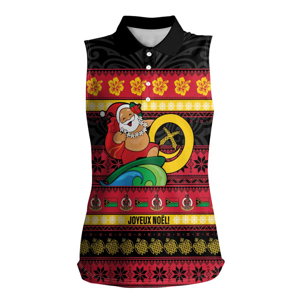 Vanuatu Christmas Women Sleeveless Polo Shirt Joyeux Noel Surfing Santa With Boar Tusk LT14 Female Red - Polynesian Pride