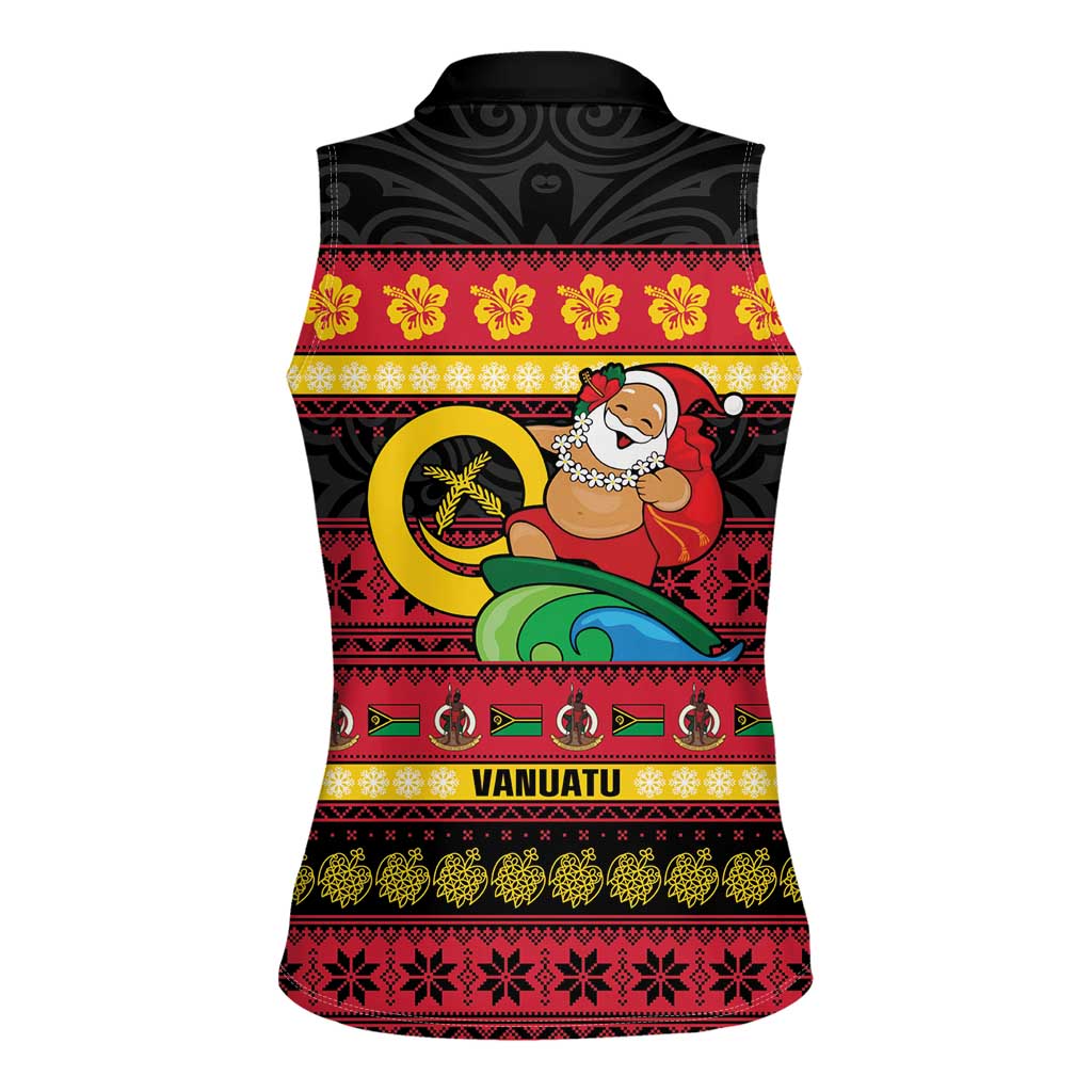 Vanuatu Christmas Women Sleeveless Polo Shirt Joyeux Noel Surfing Santa With Boar Tusk LT14 - Polynesian Pride