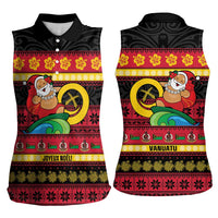 Vanuatu Christmas Women Sleeveless Polo Shirt Joyeux Noel Surfing Santa With Boar Tusk LT14 - Polynesian Pride