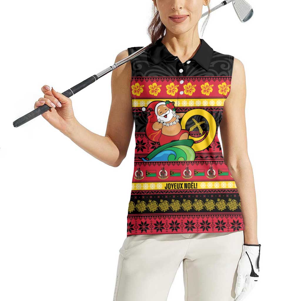 Vanuatu Christmas Women Sleeveless Polo Shirt Joyeux Noel Surfing Santa With Boar Tusk LT14 - Polynesian Pride
