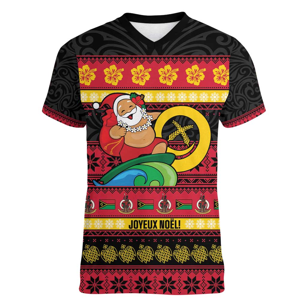 Vanuatu Christmas Women V-Neck T-Shirt Joyeux Noel Surfing Santa With Boar Tusk LT14 Female Red - Polynesian Pride