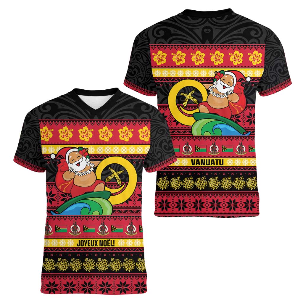 Vanuatu Christmas Women V-Neck T-Shirt Joyeux Noel Surfing Santa With Boar Tusk LT14 - Polynesian Pride