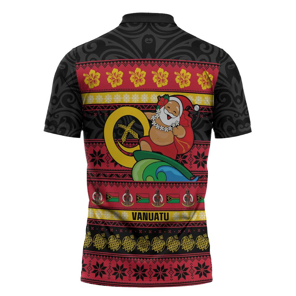 Vanuatu Christmas Zipper Polo Shirt Joyeux Noel Surfing Santa With Boar Tusk LT14 - Polynesian Pride