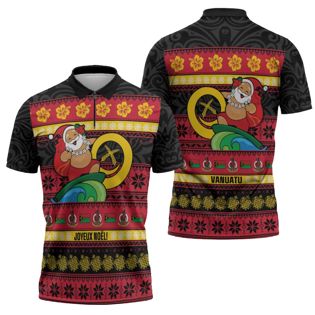 Vanuatu Christmas Zipper Polo Shirt Joyeux Noel Surfing Santa With Boar Tusk LT14 - Polynesian Pride