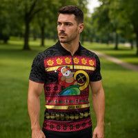 Vanuatu Christmas Zipper Polo Shirt Joyeux Noel Surfing Santa With Boar Tusk LT14 - Polynesian Pride