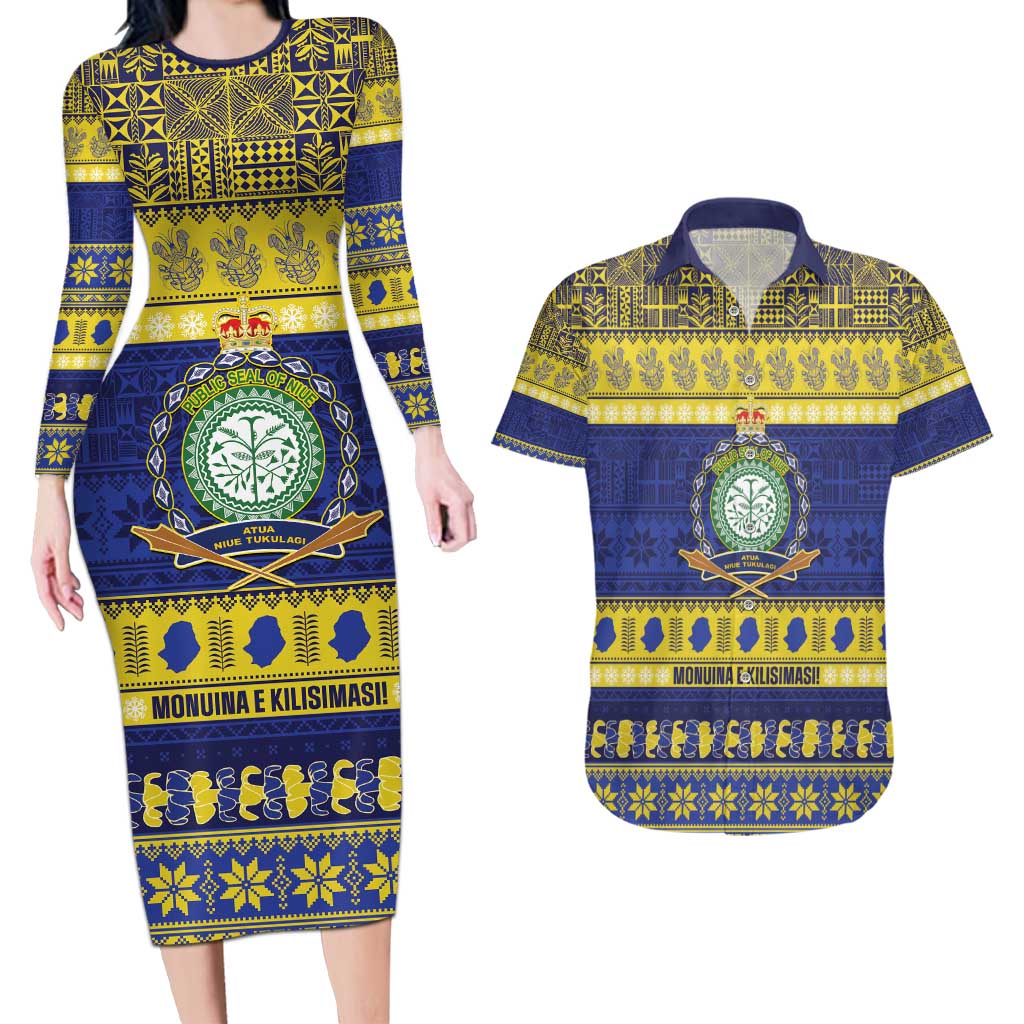 Niue Christmas Couples Matching Long Sleeve Bodycon Dress and Hawaiian Shirt Monuina e Kilisimasi Hiapo Motifs LT14 Blue - Polynesian Pride