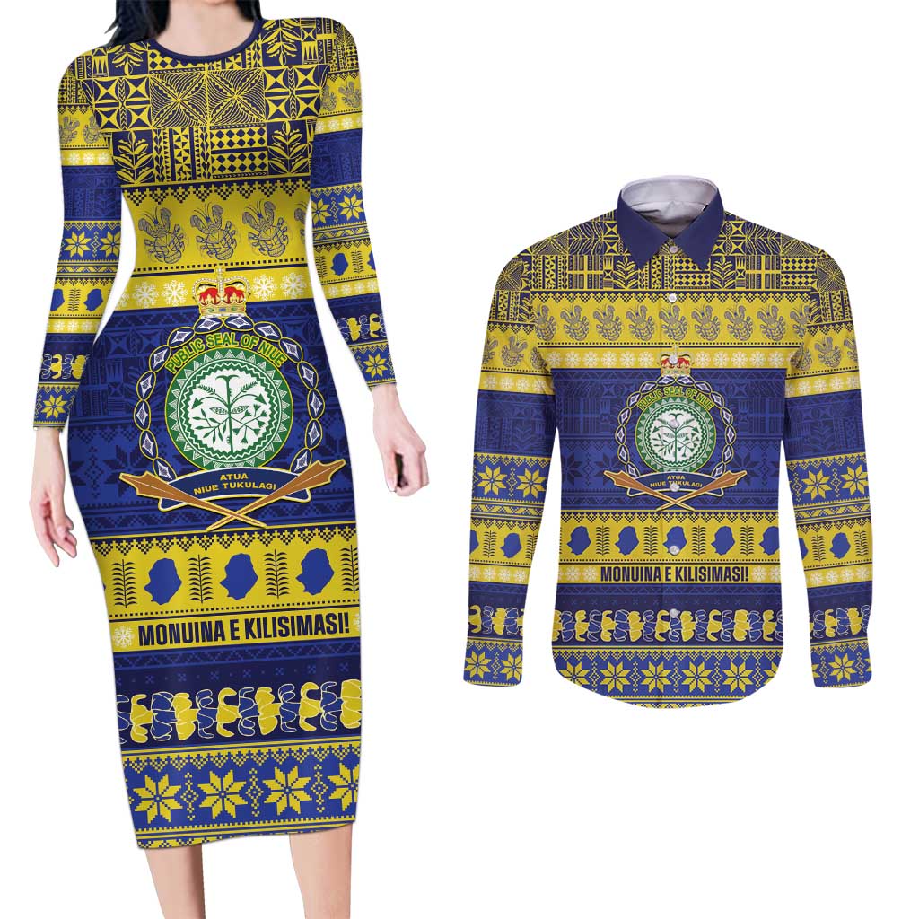 Niue Christmas Couples Matching Long Sleeve Bodycon Dress and Long Sleeve Button Shirt Monuina e Kilisimasi Hiapo Motifs LT14 Blue - Polynesian Pride