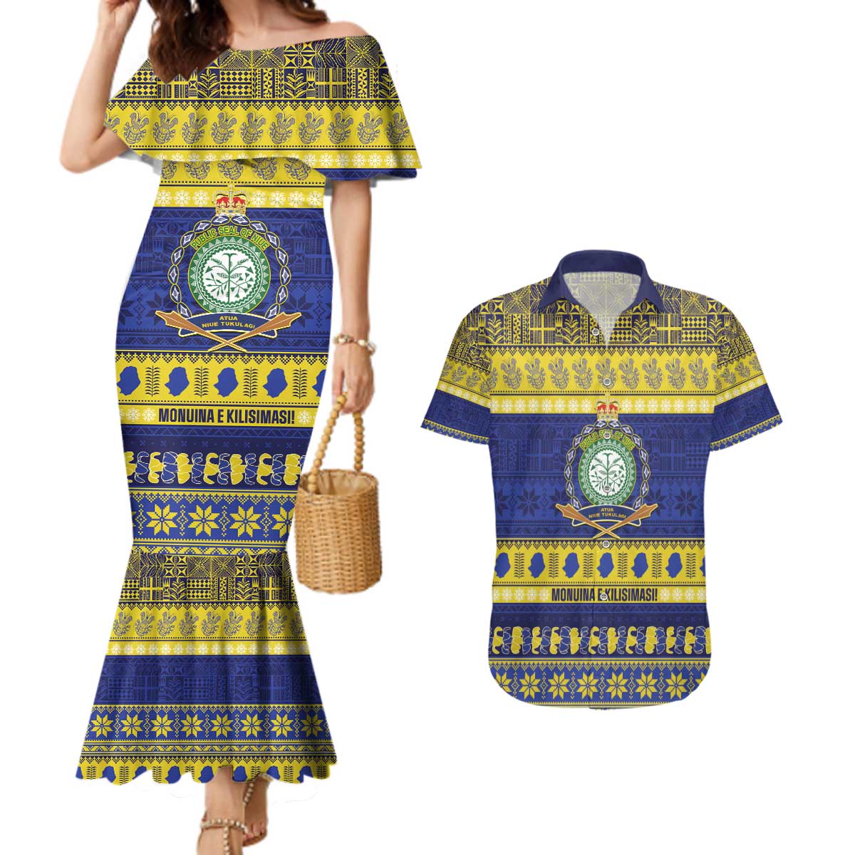 Niue Christmas Couples Matching Mermaid Dress and Hawaiian Shirt Monuina e Kilisimasi Hiapo Motifs LT14 Blue - Polynesian Pride