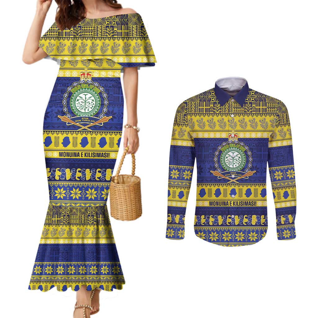 Niue Christmas Couples Matching Mermaid Dress and Long Sleeve Button Shirt Monuina e Kilisimasi Hiapo Motifs LT14 Blue - Polynesian Pride