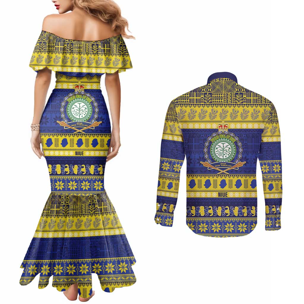 Niue Christmas Couples Matching Mermaid Dress and Long Sleeve Button Shirt Monuina e Kilisimasi Hiapo Motifs LT14 - Polynesian Pride