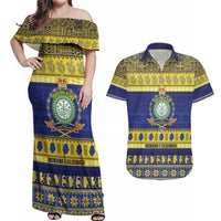 Niue Christmas Couples Matching Off Shoulder Maxi Dress and Hawaiian Shirt Monuina e Kilisimasi Hiapo Motifs LT14 Blue - Polynesian Pride
