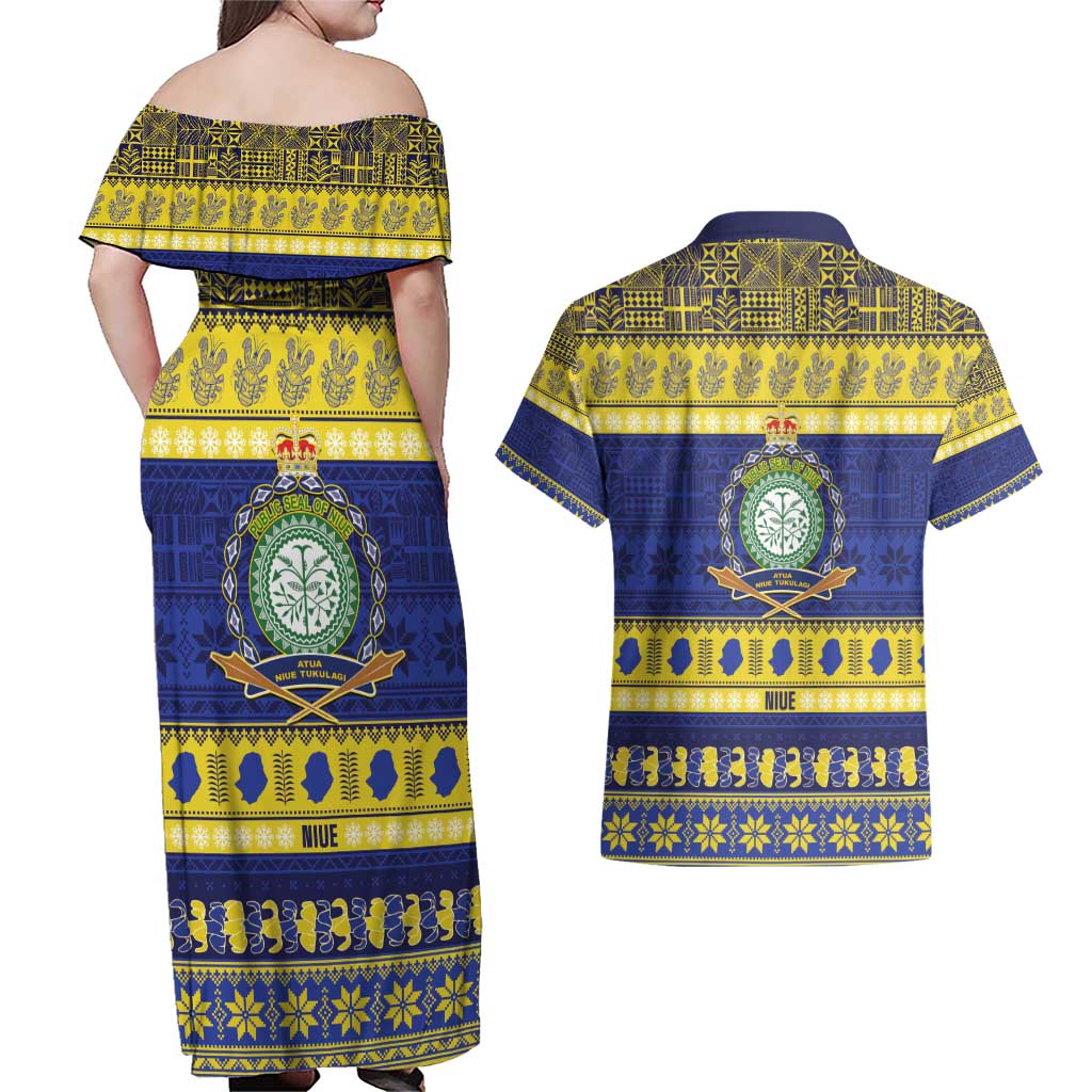 Niue Christmas Couples Matching Off Shoulder Maxi Dress and Hawaiian Shirt Monuina e Kilisimasi Hiapo Motifs LT14 - Polynesian Pride