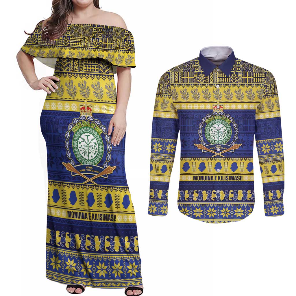 Niue Christmas Couples Matching Off Shoulder Maxi Dress and Long Sleeve Button Shirt Monuina e Kilisimasi Hiapo Motifs LT14 Blue - Polynesian Pride