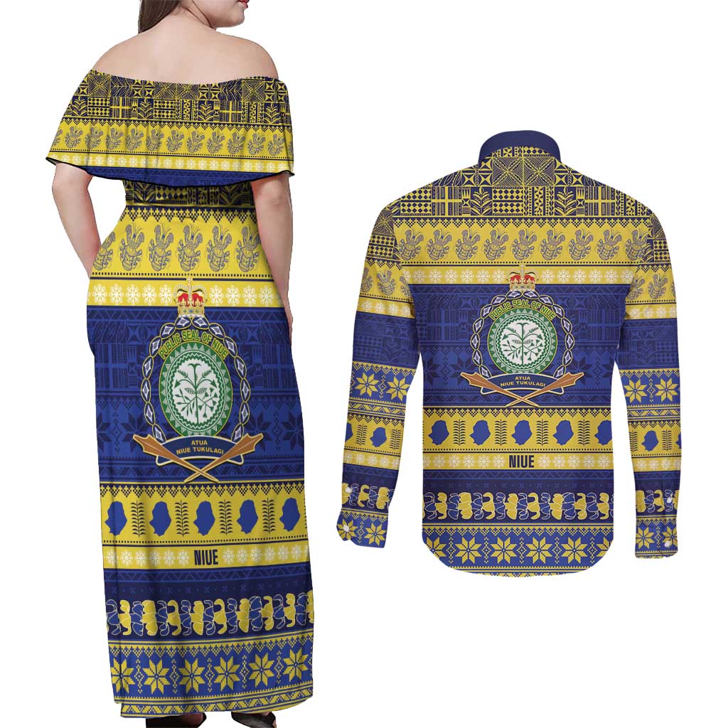Niue Christmas Couples Matching Off Shoulder Maxi Dress and Long Sleeve Button Shirt Monuina e Kilisimasi Hiapo Motifs LT14 - Polynesian Pride