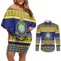 Niue Christmas Couples Matching Off Shoulder Short Dress and Long Sleeve Button Shirt Monuina e Kilisimasi Hiapo Motifs LT14 Blue - Polynesian Pride