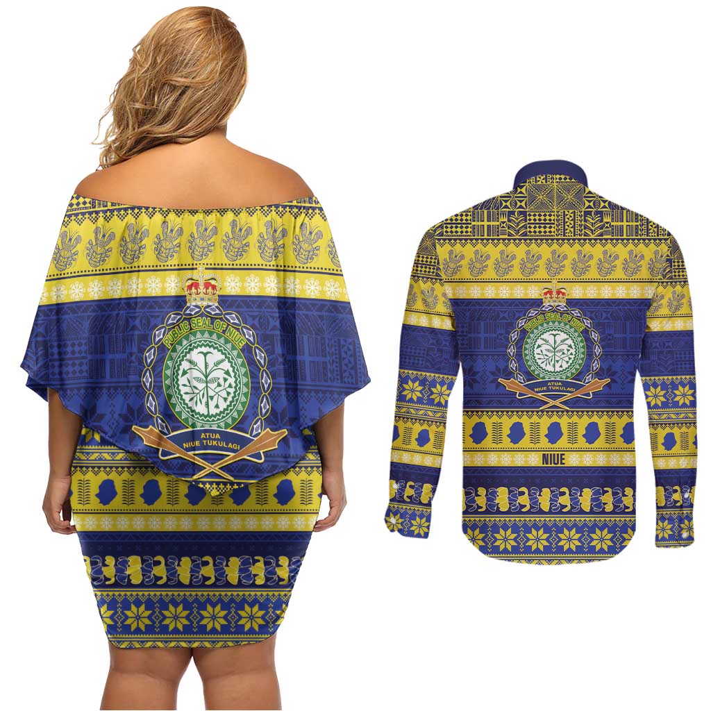 Niue Christmas Couples Matching Off Shoulder Short Dress and Long Sleeve Button Shirt Monuina e Kilisimasi Hiapo Motifs LT14 - Polynesian Pride