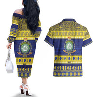 Niue Christmas Couples Matching Off The Shoulder Long Sleeve Dress and Hawaiian Shirt Monuina e Kilisimasi Hiapo Motifs LT14 - Polynesian Pride