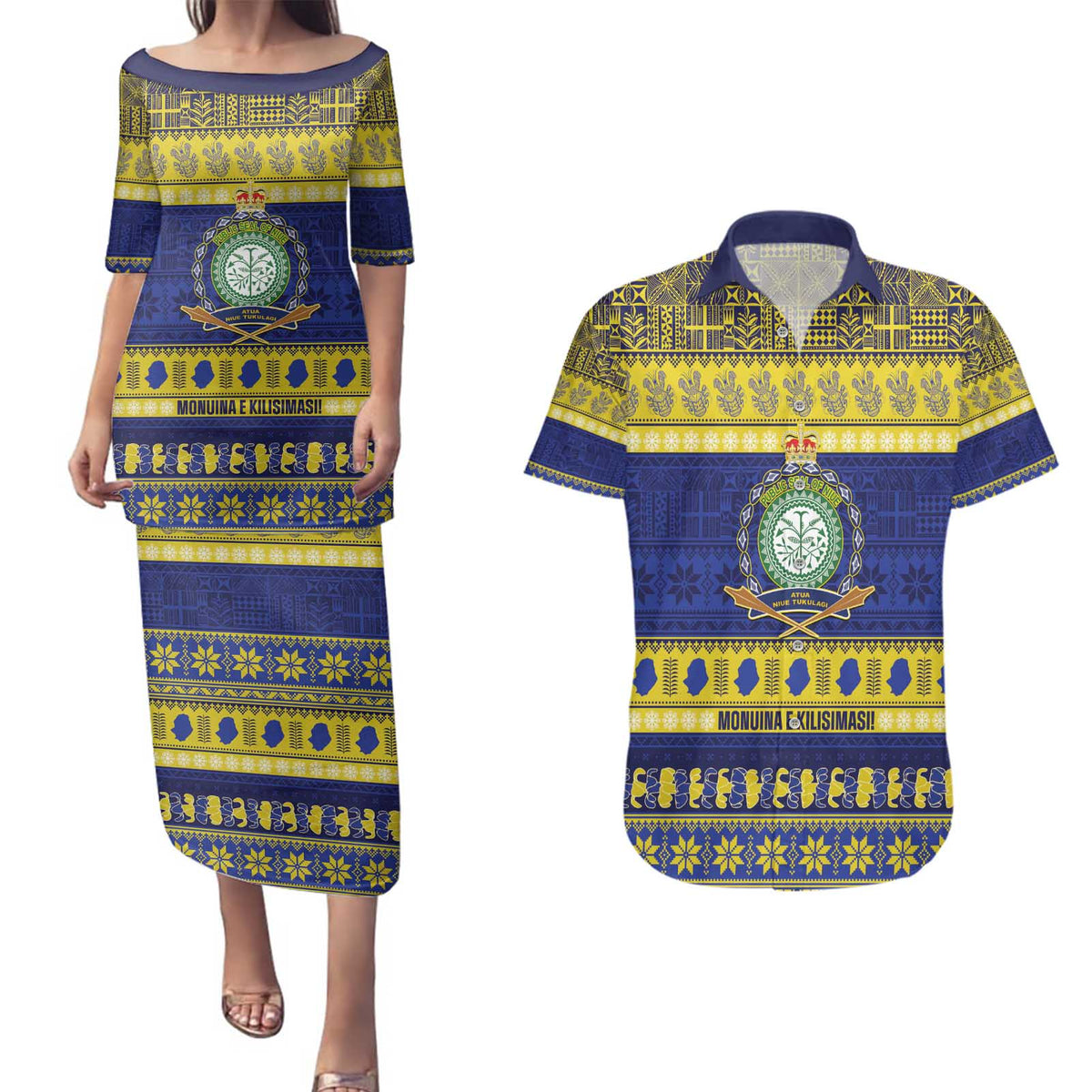 Niue Christmas Couples Matching Puletasi and Hawaiian Shirt Monuina e Kilisimasi Hiapo Motifs LT14 Blue - Polynesian Pride