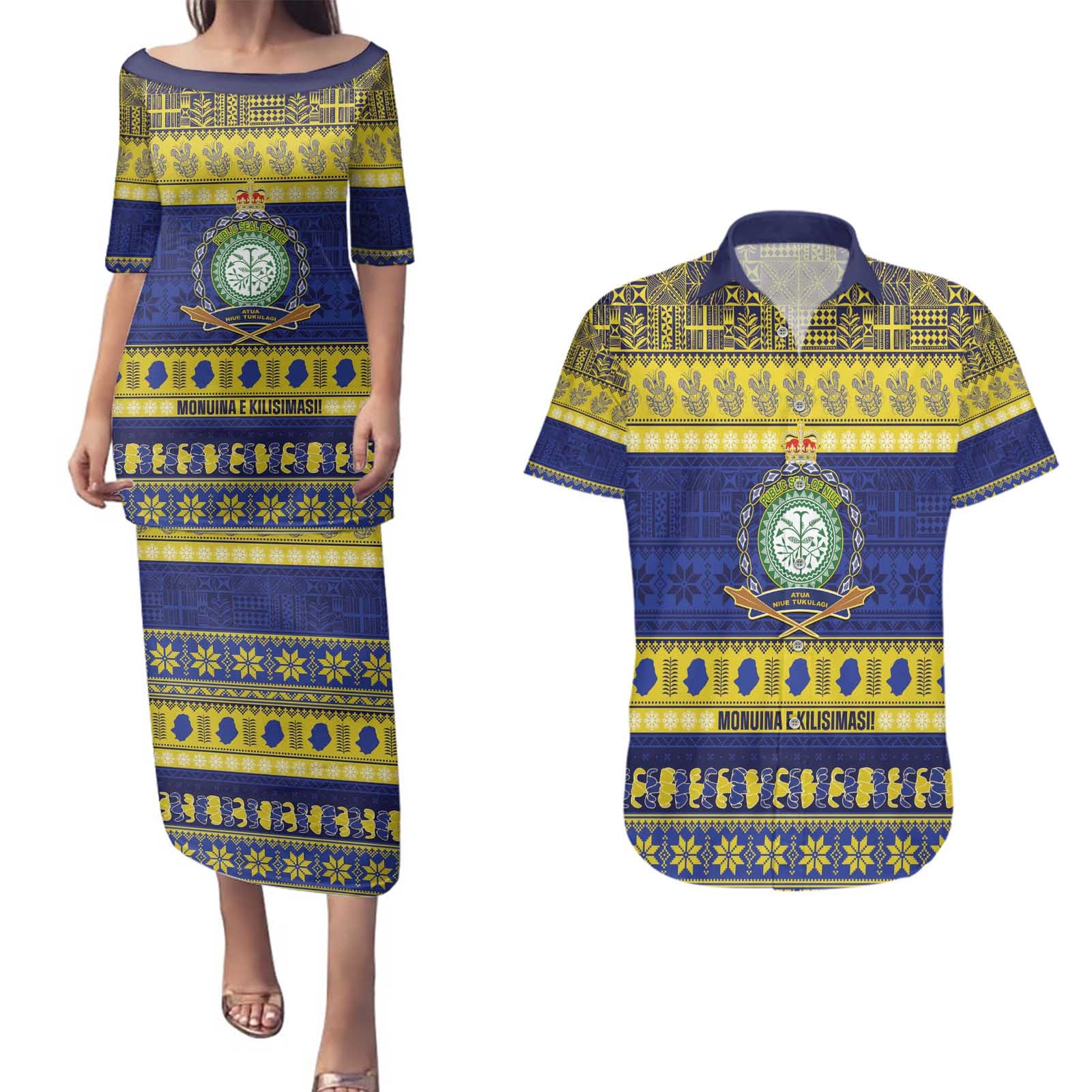 Niue Christmas Couples Matching Puletasi and Hawaiian Shirt Monuina e Kilisimasi Hiapo Motifs - Polynesian Pride