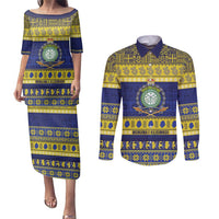 Niue Christmas Couples Matching Puletasi and Long Sleeve Button Shirt Monuina e Kilisimasi Hiapo Motifs LT14 Blue - Polynesian Pride