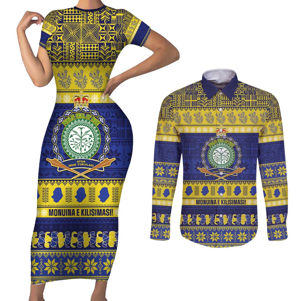 Niue Christmas Couples Matching Short Sleeve Bodycon Dress and Long Sleeve Button Shirt Monuina e Kilisimasi Hiapo Motifs LT14 Blue - Polynesian Pride
