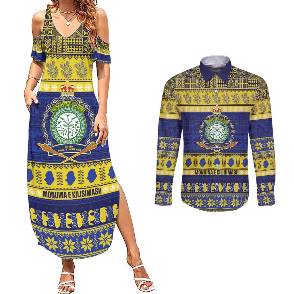 Niue Christmas Couples Matching Summer Maxi Dress and Long Sleeve Button Shirt Monuina e Kilisimasi Hiapo Motifs LT14 Blue - Polynesian Pride