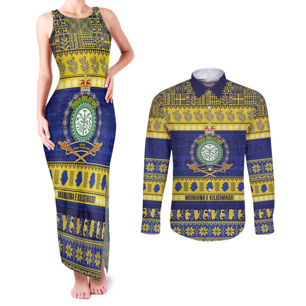 Niue Christmas Couples Matching Tank Maxi Dress and Long Sleeve Button Shirt Monuina e Kilisimasi Hiapo Motifs LT14 Blue - Polynesian Pride