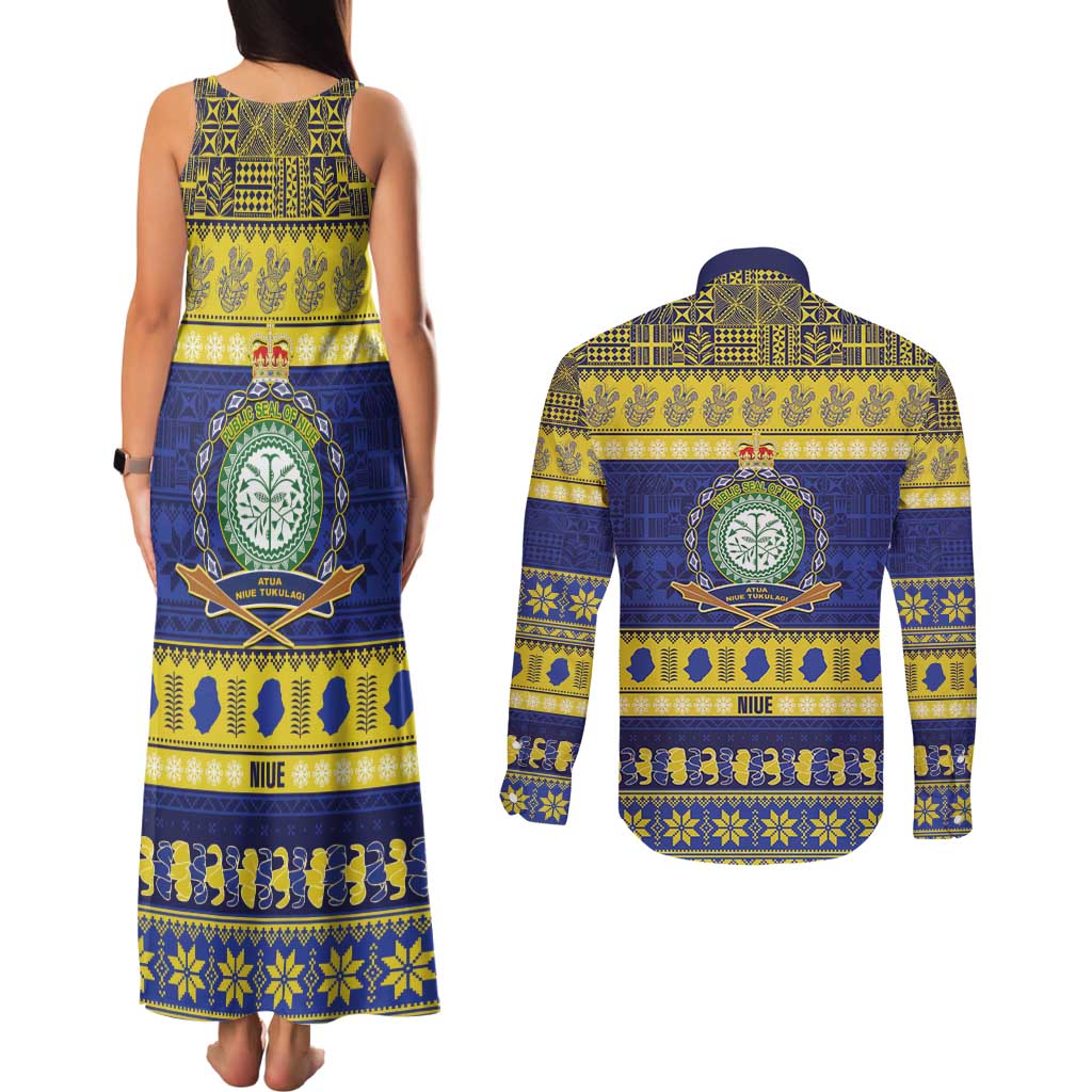 Niue Christmas Couples Matching Tank Maxi Dress and Long Sleeve Button Shirt Monuina e Kilisimasi Hiapo Motifs LT14 - Polynesian Pride