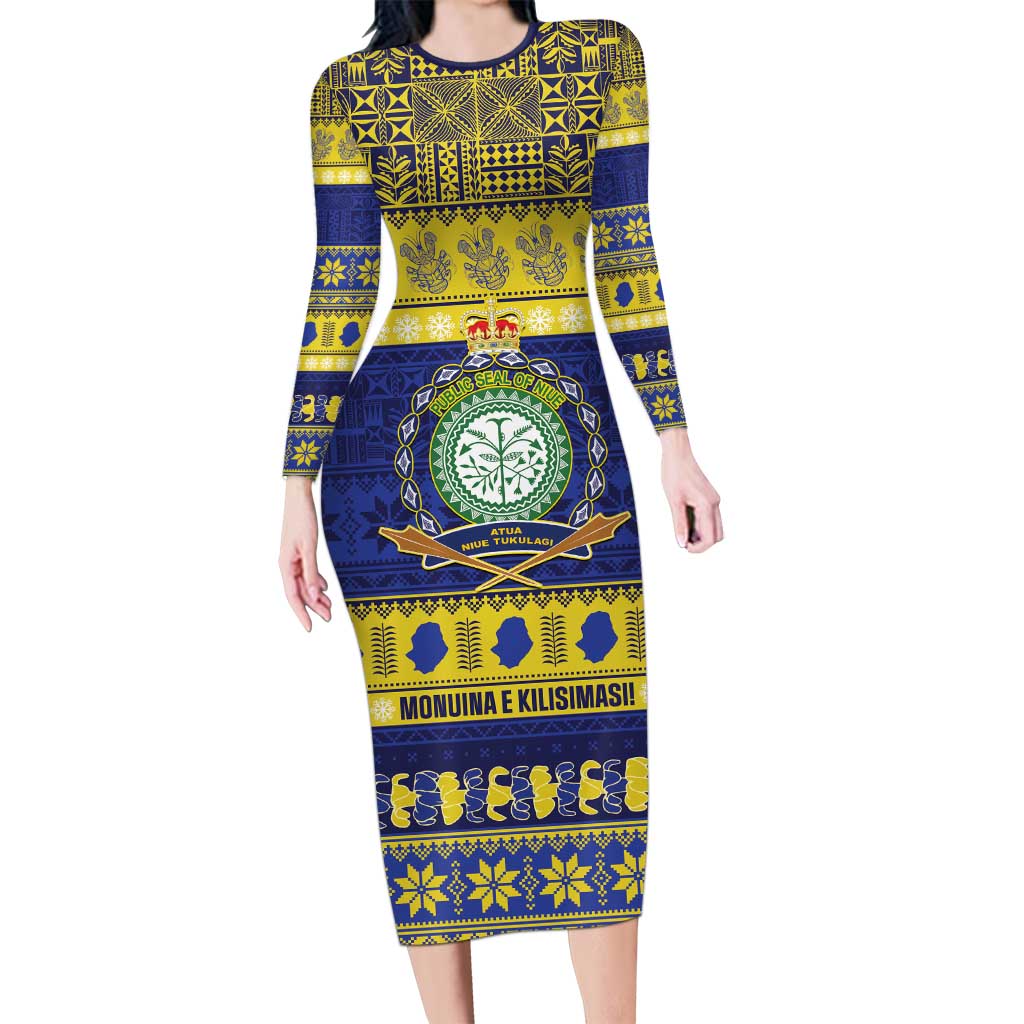 Niue Christmas Family Matching Long Sleeve Bodycon Dress and Hawaiian Shirt Monuina e Kilisimasi Hiapo Motifs LT14 Mom's Dress Blue - Polynesian Pride