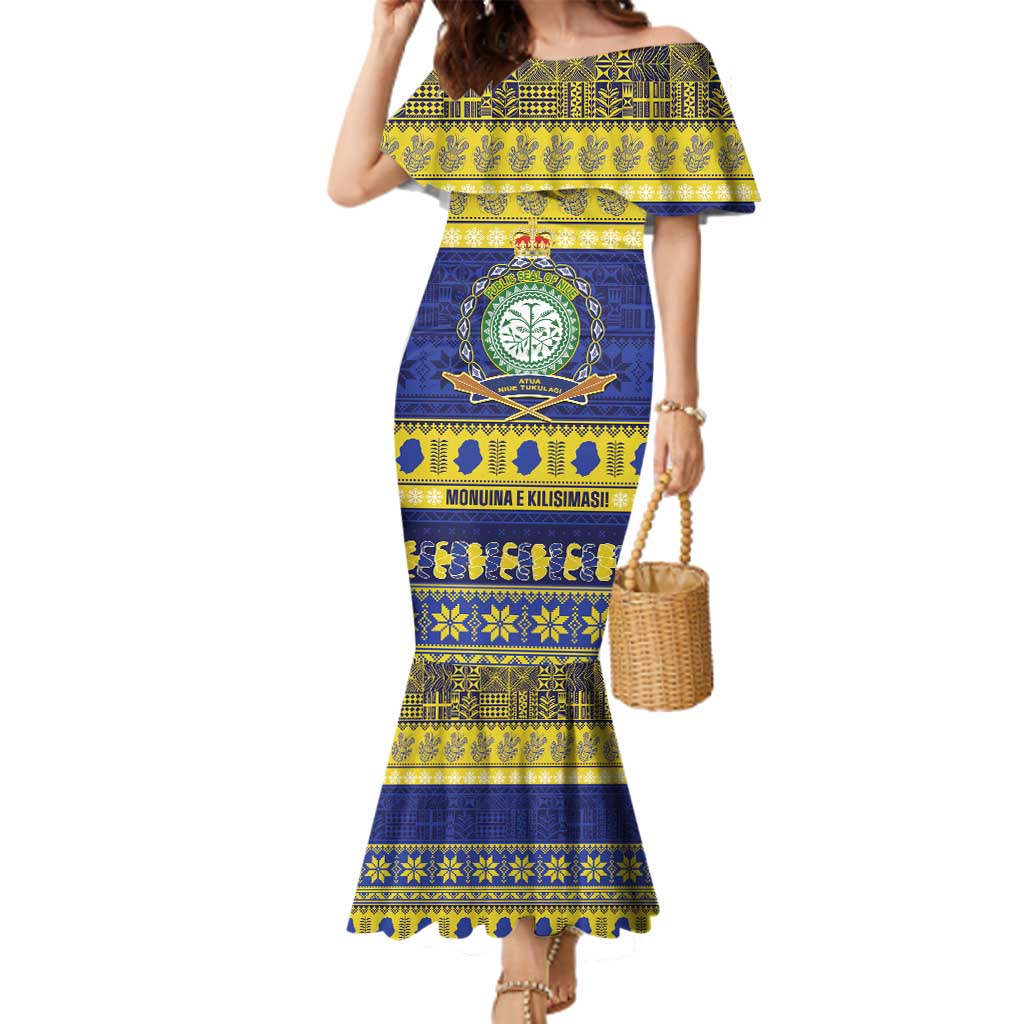 Niue Christmas Family Matching Mermaid Dress and Hawaiian Shirt Monuina e Kilisimasi Hiapo Motifs LT14 Mom's Dress Blue - Polynesian Pride