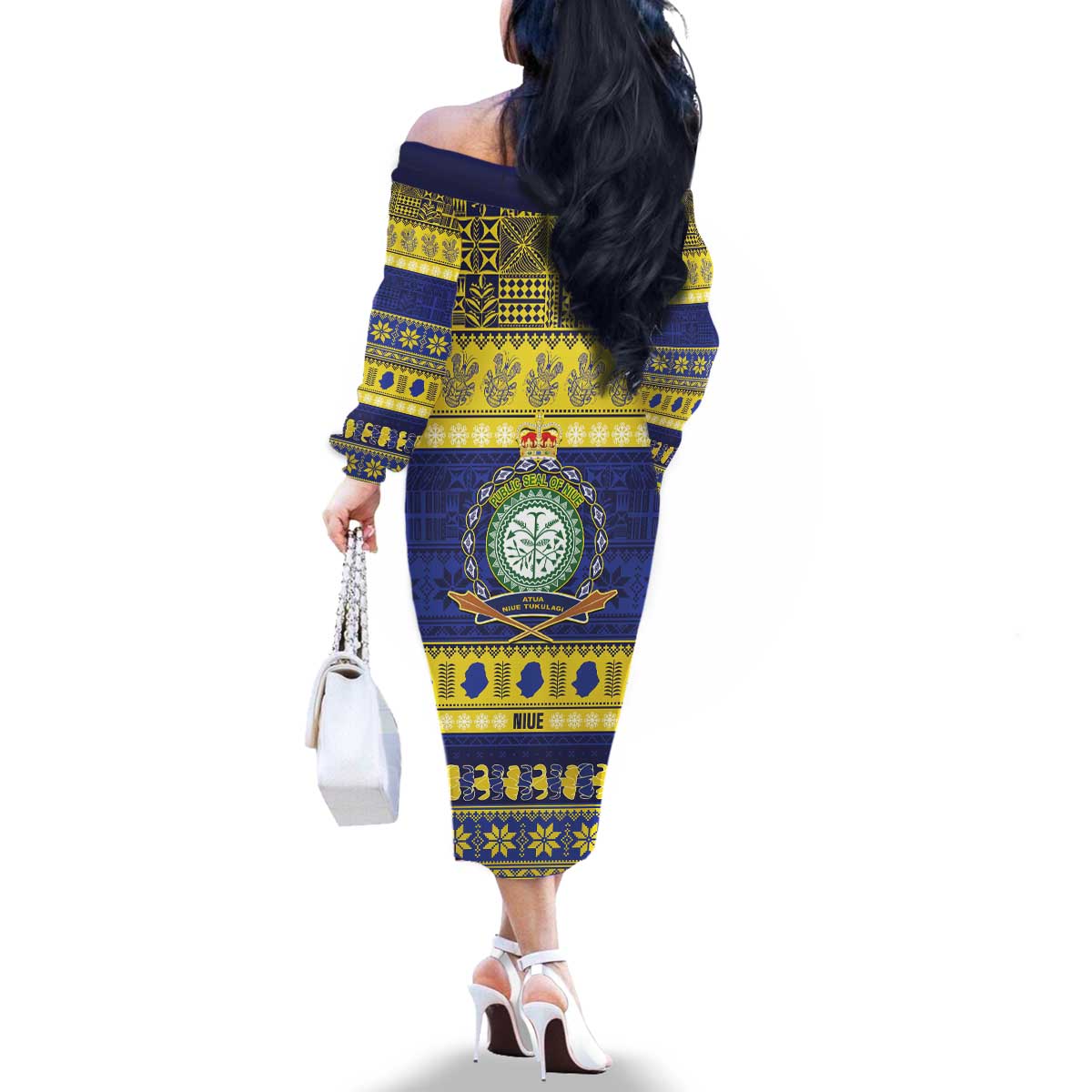 Niue Christmas Family Matching Off The Shoulder Long Sleeve Dress and Hawaiian Shirt Monuina e Kilisimasi Hiapo Motifs LT14 - Polynesian Pride