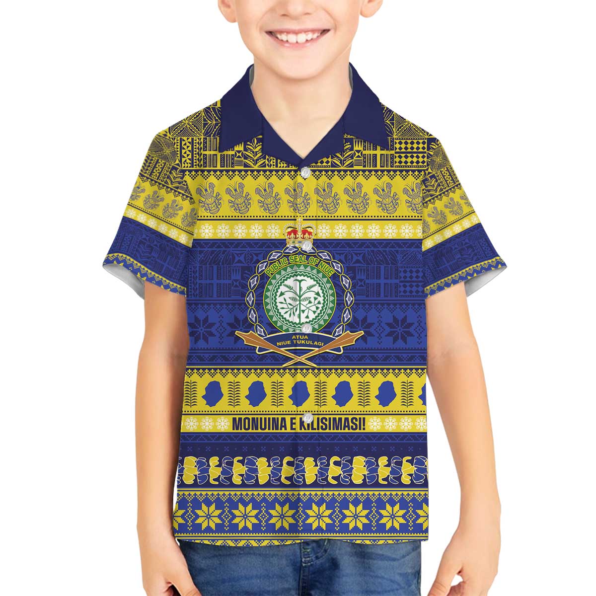 Niue Christmas Family Matching Off The Shoulder Long Sleeve Dress and Hawaiian Shirt Monuina e Kilisimasi Hiapo Motifs LT14 Son's Shirt Blue - Polynesian Pride