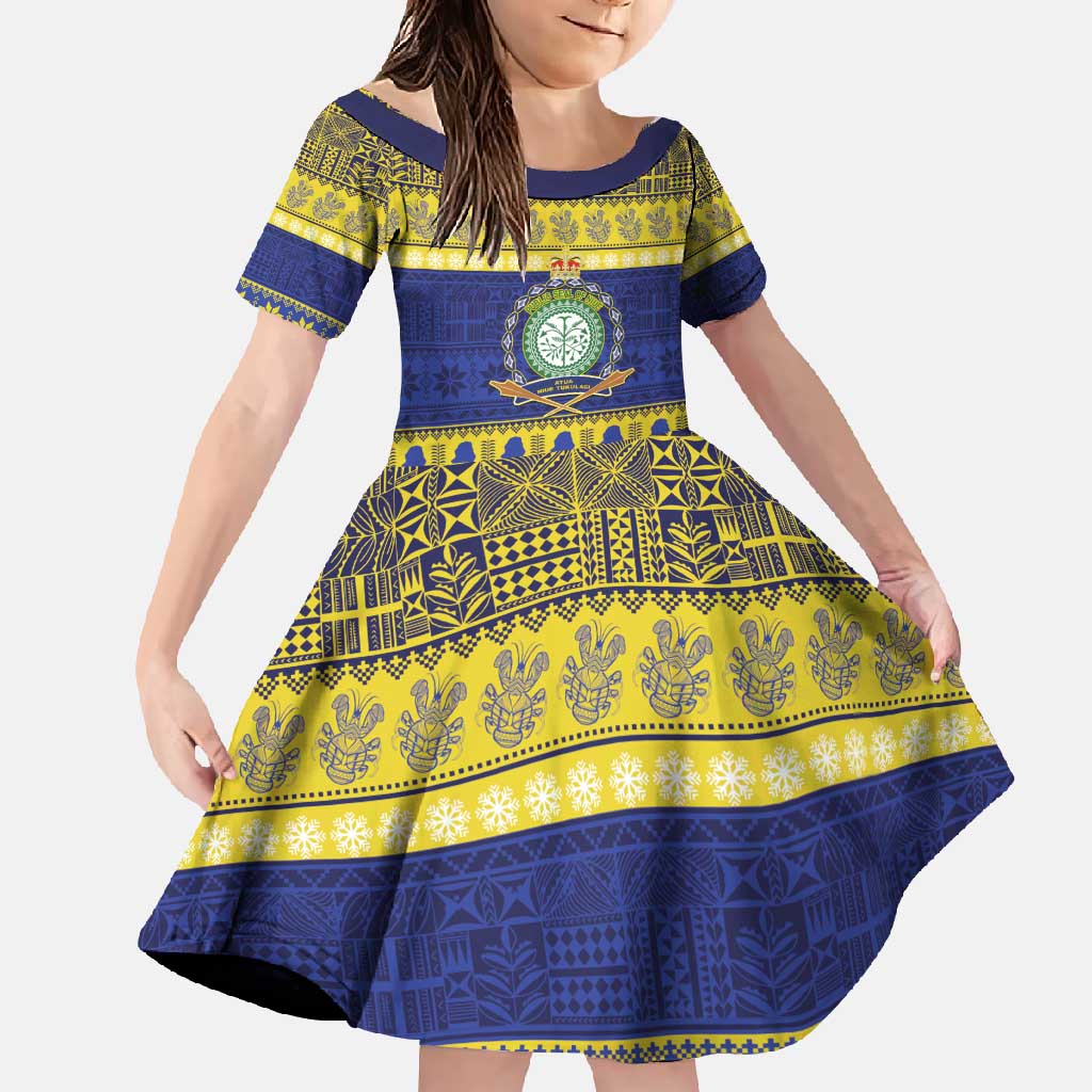 Niue Christmas Family Matching Off Shoulder Maxi Dress and Hawaiian Shirt Monuina e Kilisimasi Hiapo Motifs LT14 Daughter's Dress Blue - Polynesian Pride