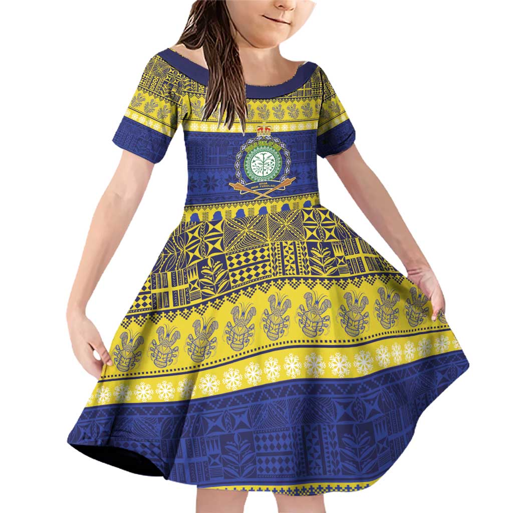 Niue Christmas Family Matching Off Shoulder Short Dress and Hawaiian Shirt Monuina e Kilisimasi Hiapo Motifs LT14 Daughter's Dress Blue - Polynesian Pride