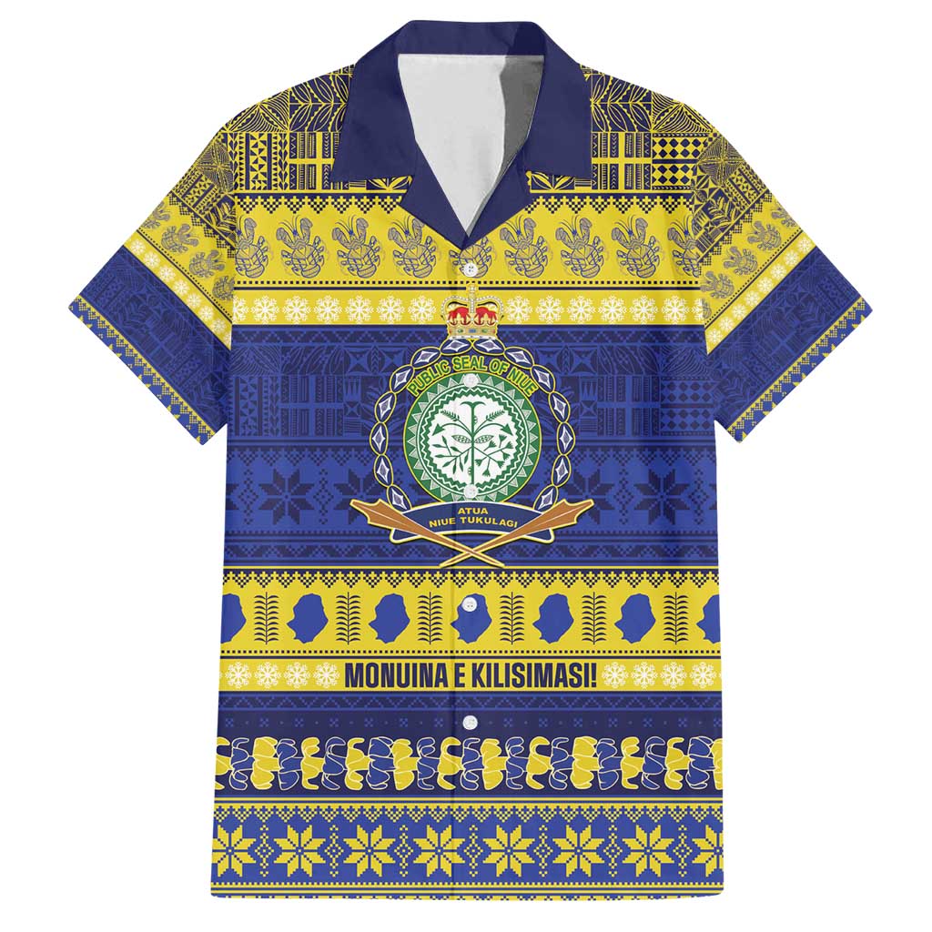 Niue Christmas Family Matching Off Shoulder Short Dress and Hawaiian Shirt Monuina e Kilisimasi Hiapo Motifs LT14 Dad's Shirt - Short Sleeve Blue - Polynesian Pride
