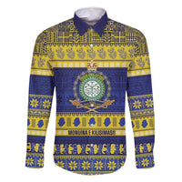 Niue Christmas Family Matching Off Shoulder Short Dress and Hawaiian Shirt Monuina e Kilisimasi Hiapo Motifs LT14 Dad's Shirt - Long Sleeve Blue - Polynesian Pride