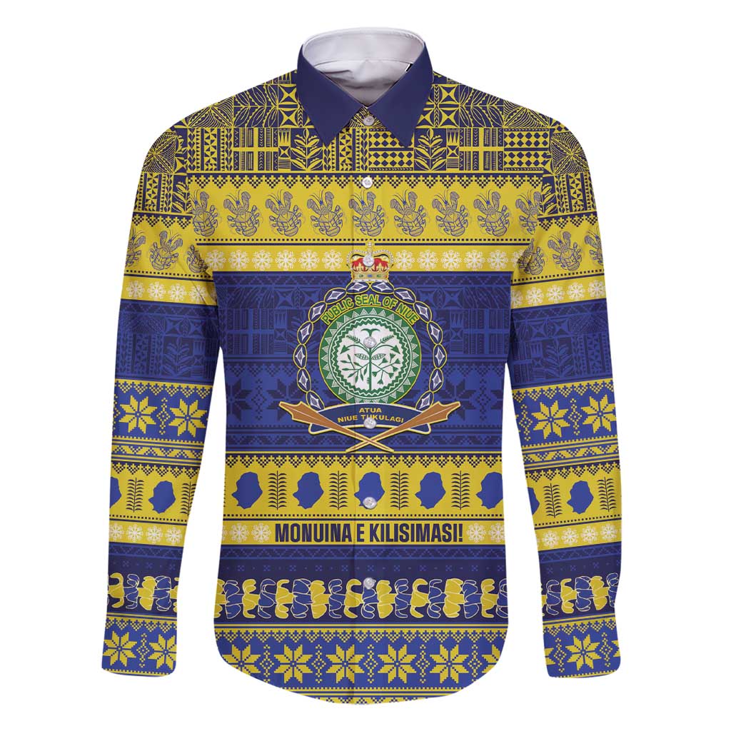Niue Christmas Family Matching Short Sleeve Bodycon Dress and Hawaiian Shirt Monuina e Kilisimasi Hiapo Motifs LT14 Dad's Shirt - Long Sleeve Blue - Polynesian Pride