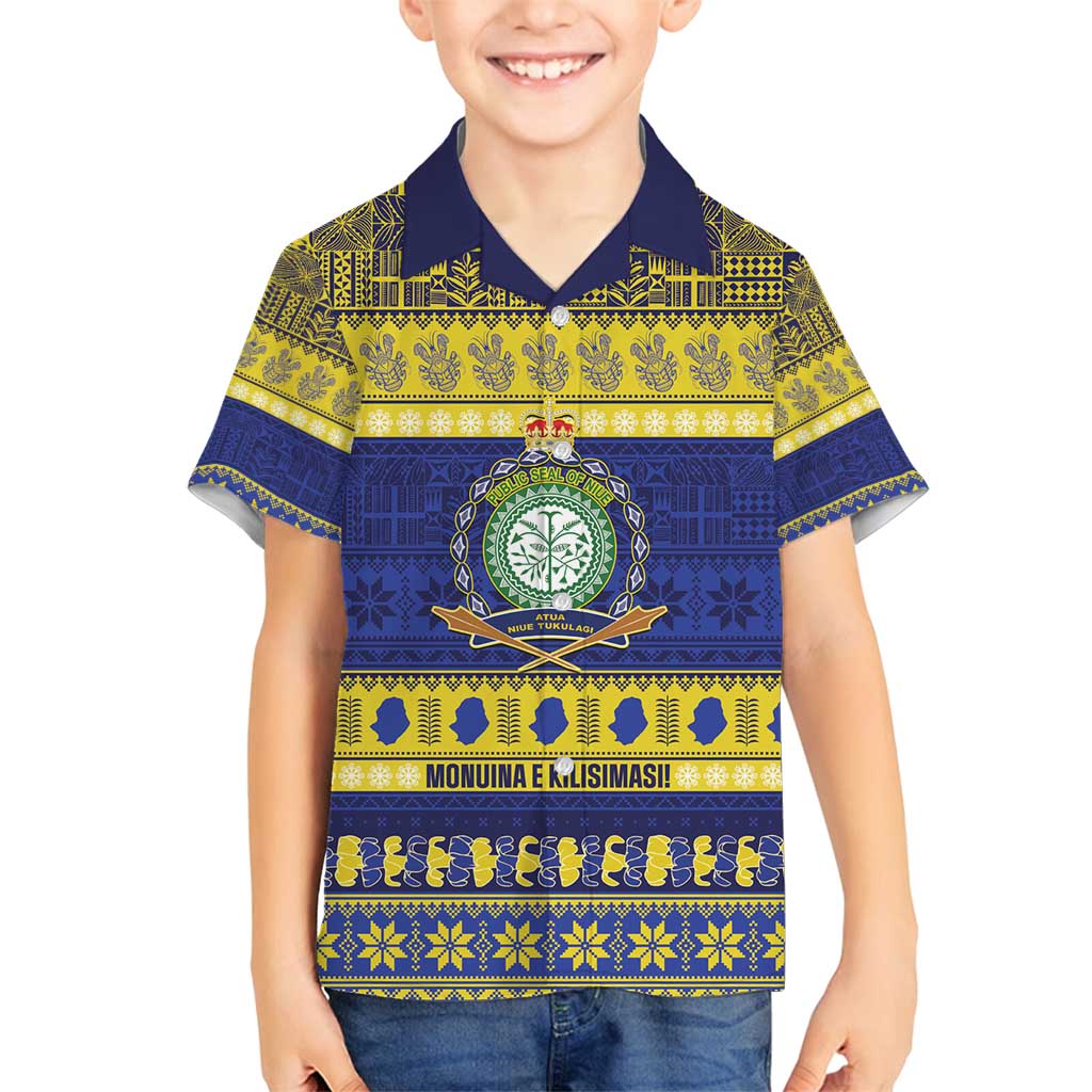 Niue Christmas Family Matching Tank Maxi Dress and Hawaiian Shirt Monuina e Kilisimasi Hiapo Motifs LT14 Son's Shirt Blue - Polynesian Pride