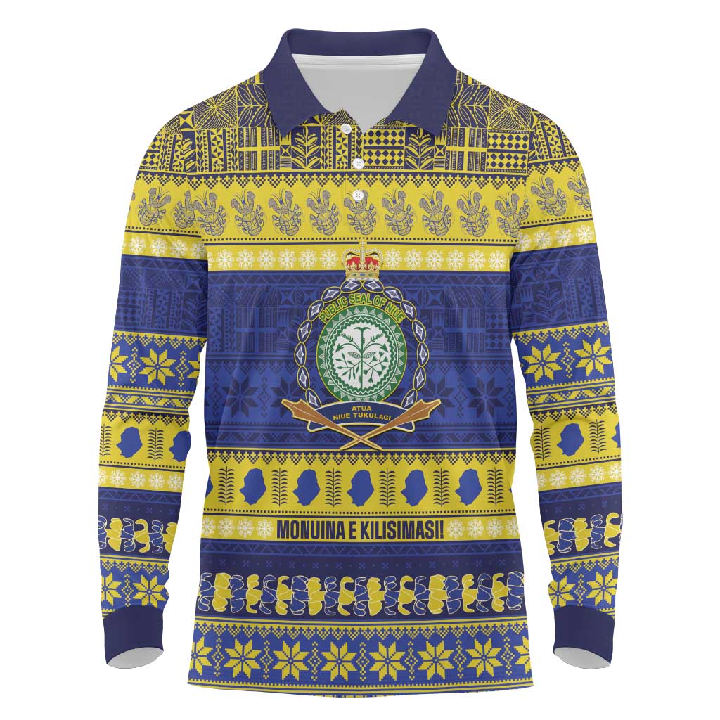 Niue Christmas Long Sleeve Polo Shirt Monuina e Kilisimasi Hiapo Motifs LT14 Blue - Polynesian Pride