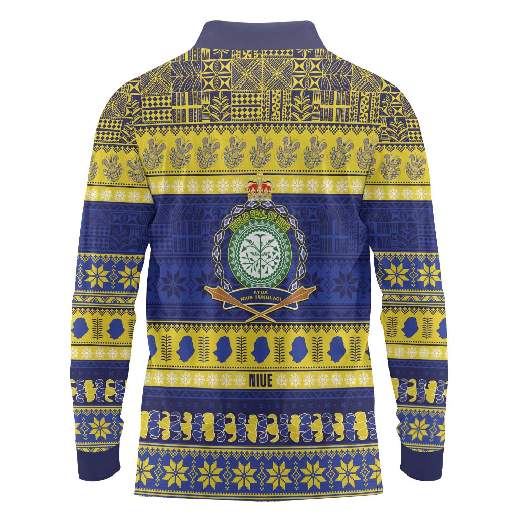Niue Christmas Long Sleeve Polo Shirt Monuina e Kilisimasi Hiapo Motifs LT14 - Polynesian Pride