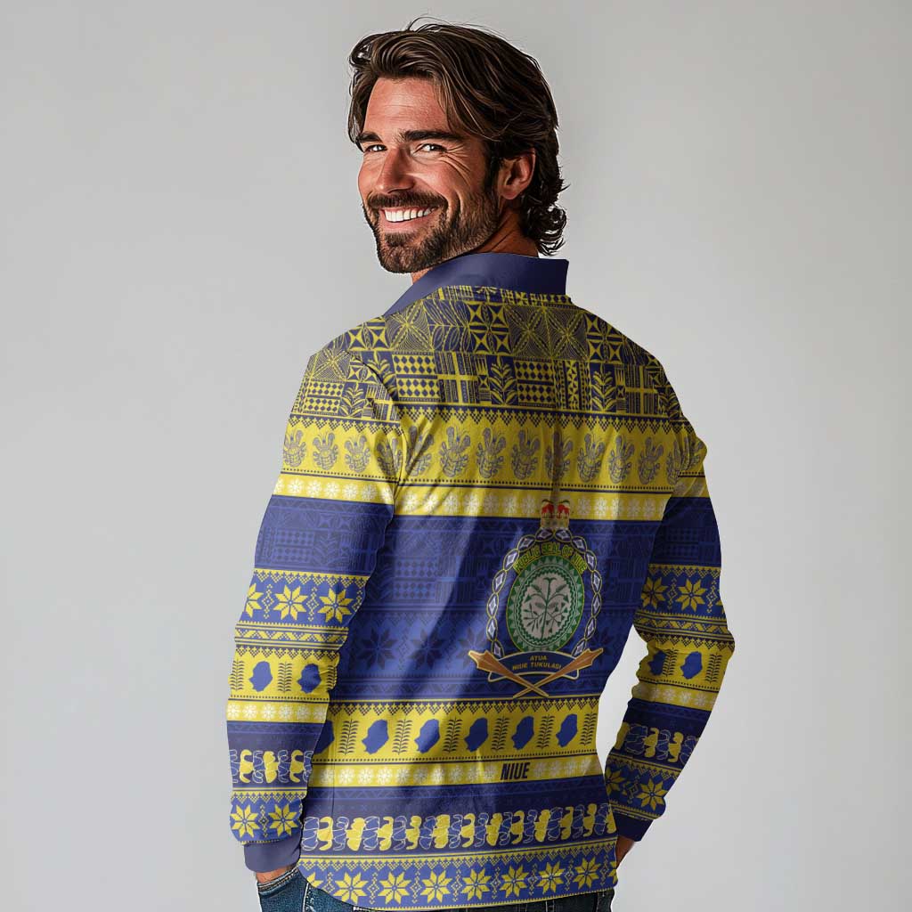 Niue Christmas Long Sleeve Polo Shirt Monuina e Kilisimasi Hiapo Motifs LT14 - Polynesian Pride