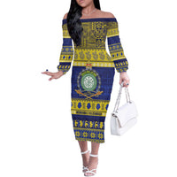 Niue Christmas Off The Shoulder Long Sleeve Dress Monuina e Kilisimasi Hiapo Motifs LT14 Women Blue - Polynesian Pride