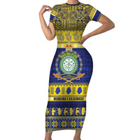 Niue Christmas Short Sleeve Bodycon Dress Monuina e Kilisimasi Hiapo Motifs LT14 Long Dress Blue - Polynesian Pride