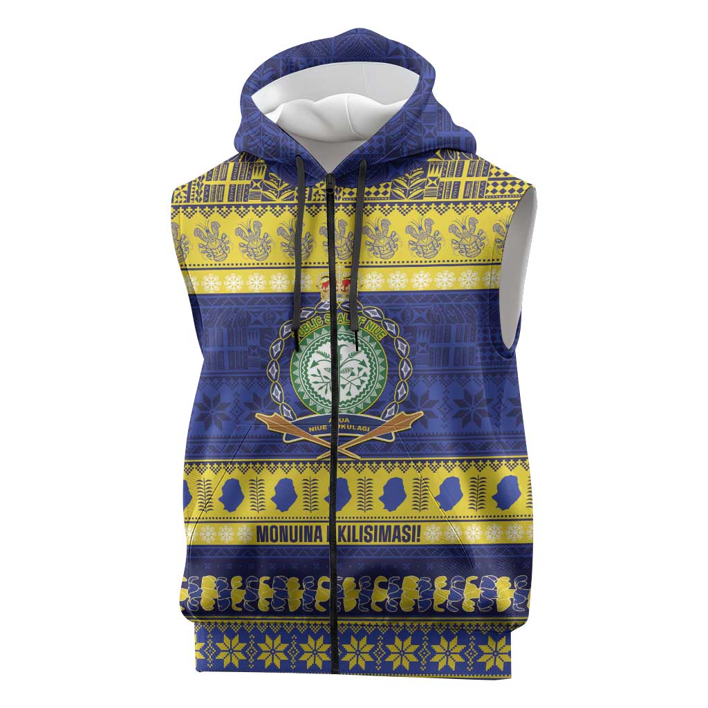 Niue Christmas Sleeveless Zip Hoodie Monuina e Kilisimasi Hiapo Motifs LT14 Blue - Polynesian Pride