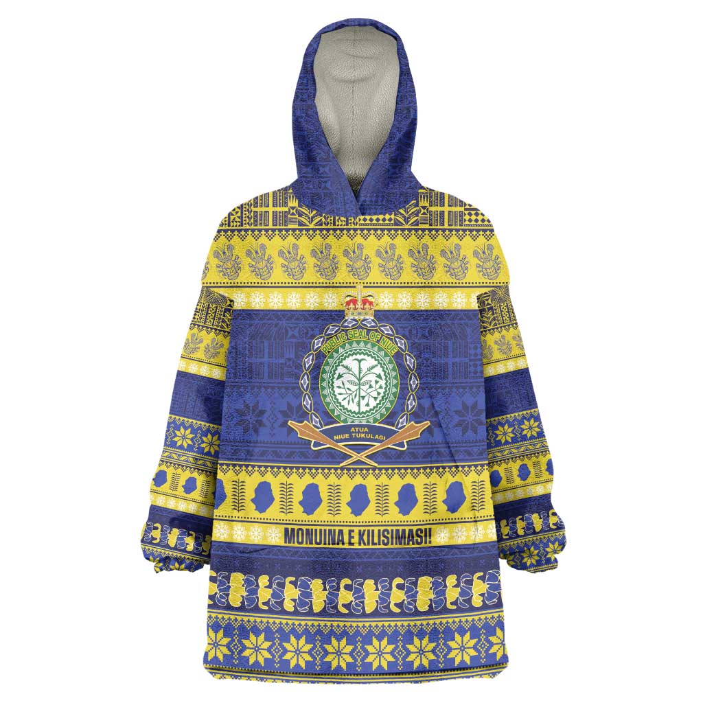 Niue Christmas Wearable Blanket Hoodie Monuina e Kilisimasi Hiapo Motifs LT14 One Size Blue - Polynesian Pride
