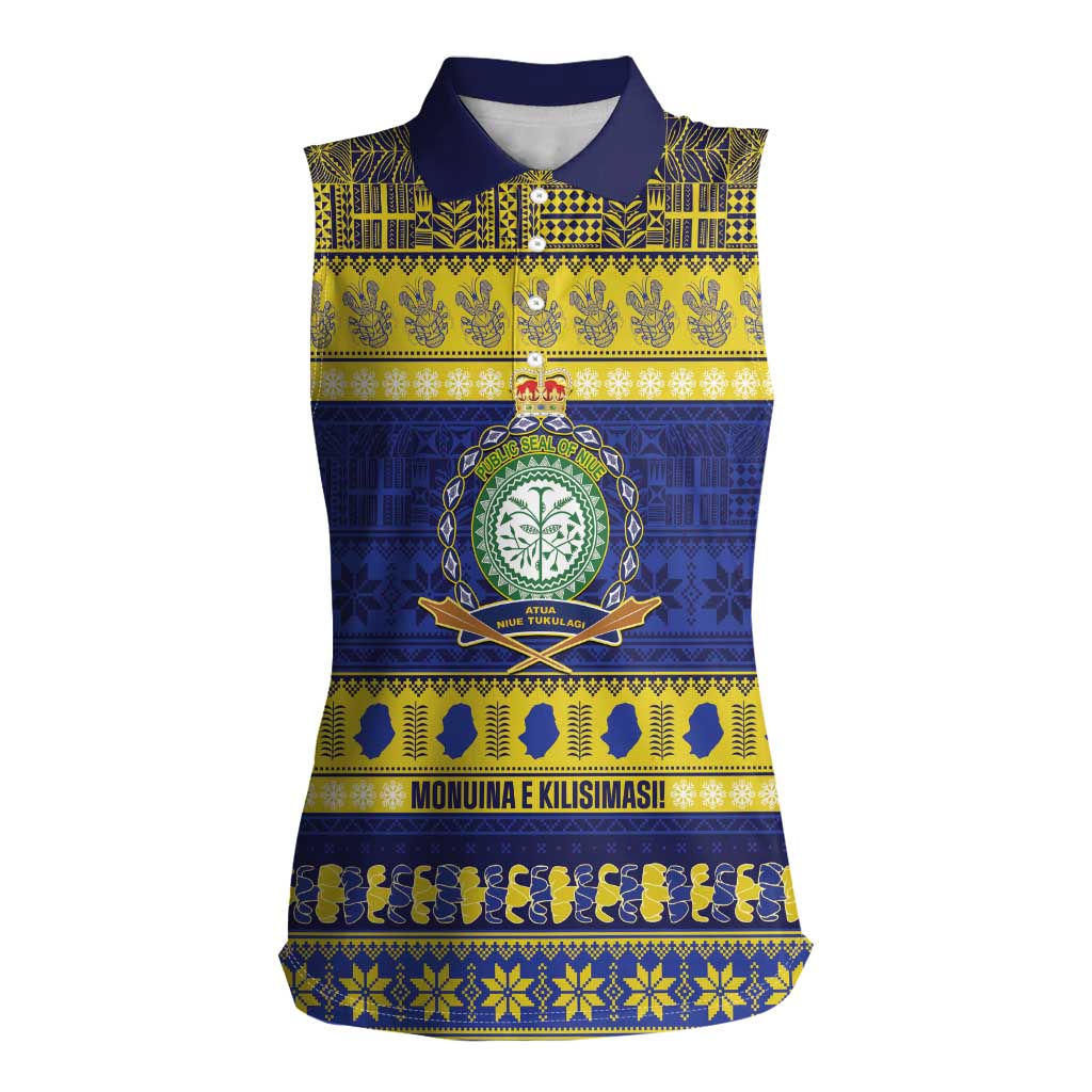 Niue Christmas Women Sleeveless Polo Shirt Monuina e Kilisimasi Hiapo Motifs LT14 Female Blue - Polynesian Pride