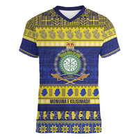 Niue Christmas Women V-Neck T-Shirt Monuina e Kilisimasi Hiapo Motifs LT14 Female Blue - Polynesian Pride